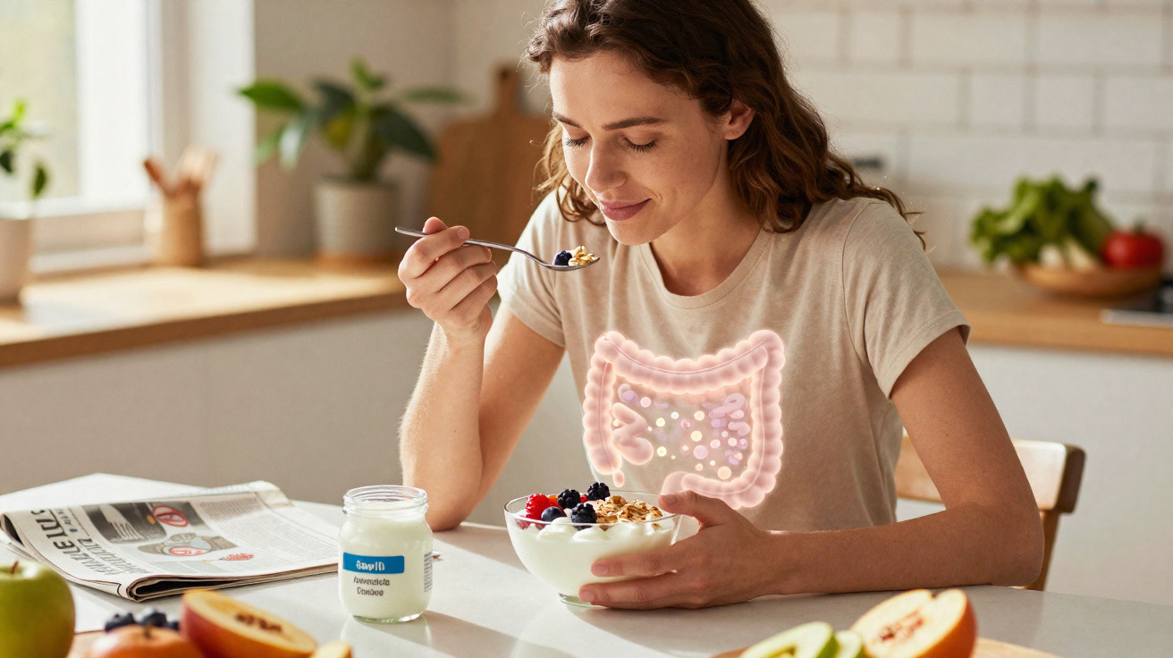 Mulher a comer iogurte com frutos vermelhos, com gráfico do intestino iluminado no peito.