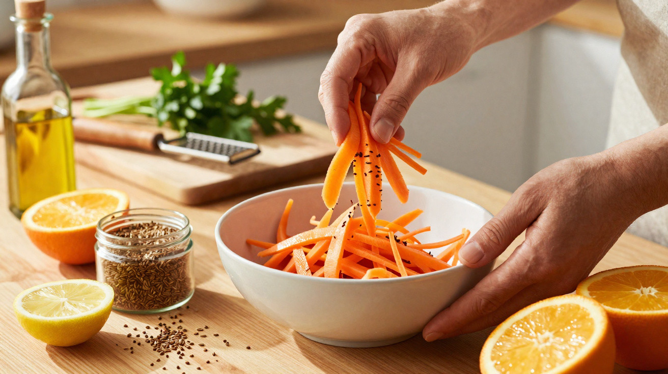 Mãos a preparar salada com cenoura cortada em palitos, sementes, limão, laranja e azeite numa cozinha.