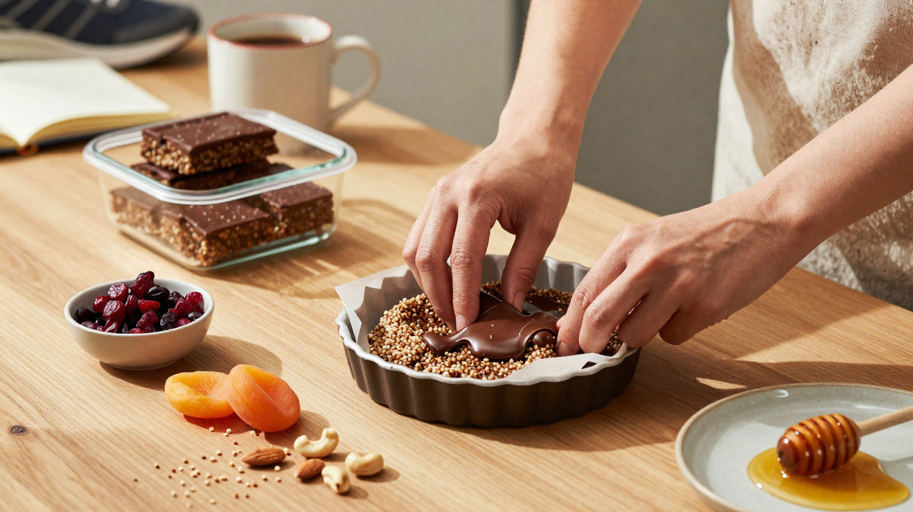 Pessoa colocando barra de chocolate num tabuleiro com sementes, frutos secos e mel na mesa de madeira.