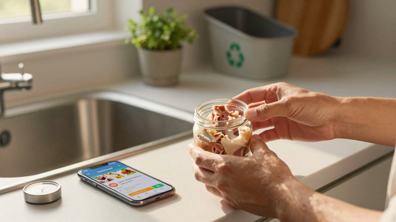 Mãos seguram pote com sobremesa numa bancada de cozinha junto a telemóvel com app aberta.