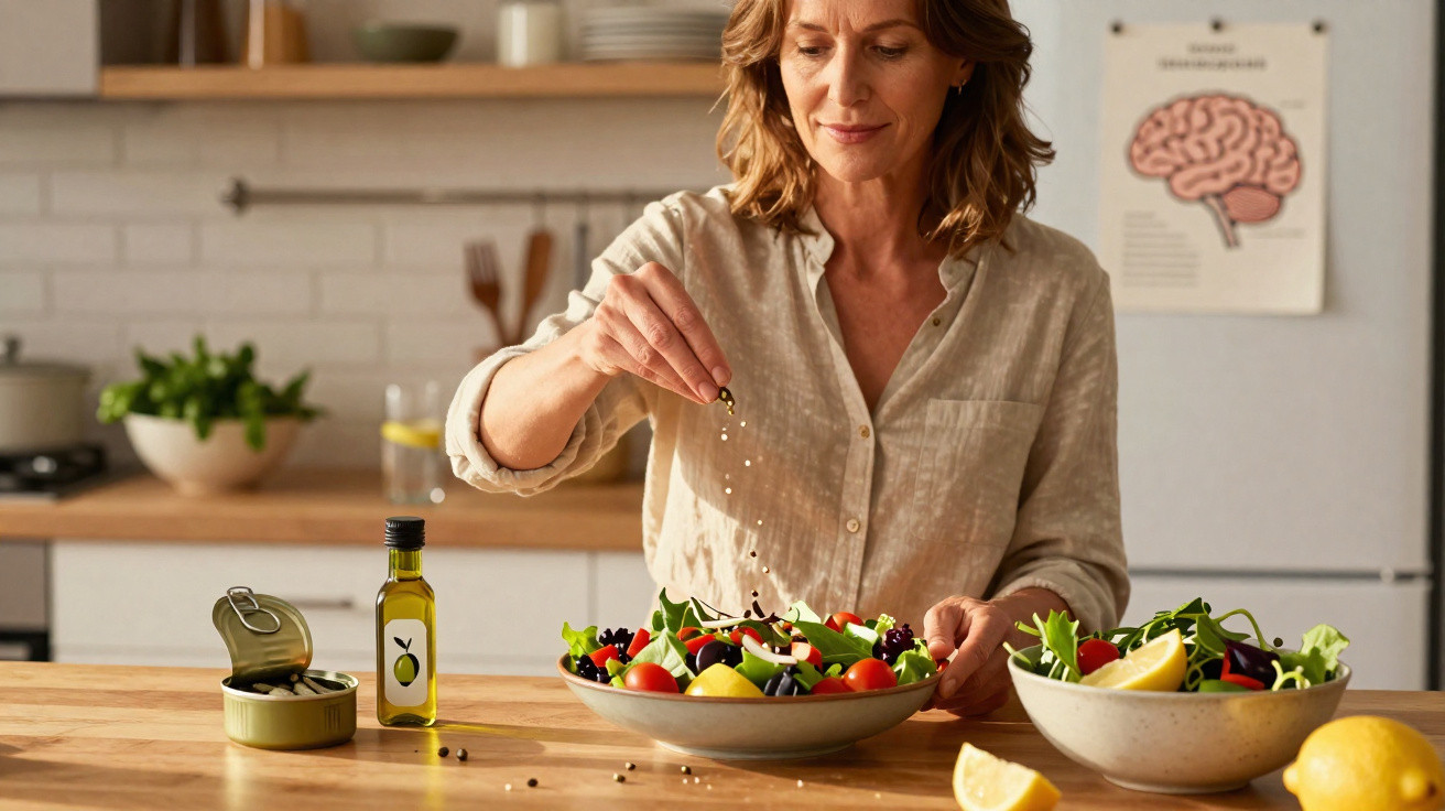 Mulher adulta tempera salada colorida numa cozinha moderna com ingredientes frescos na bancada.