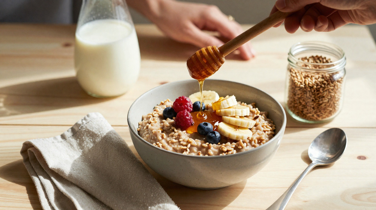 Tigela de aveia com frutas frescas e mel a ser vertido, junto a jarra de leite e frasco de sementes.