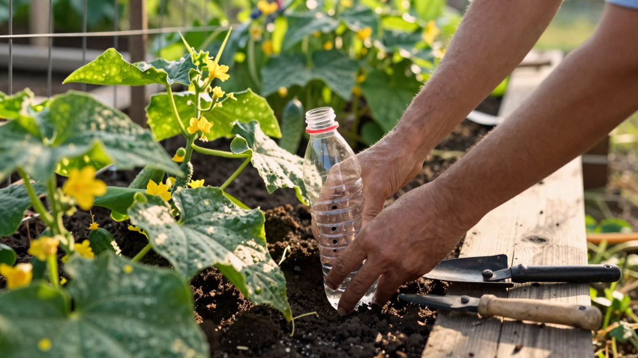 Mãos a colocar garrafa perfurada na terra junto a plantas de pepino com flores amarelas num canteiro.