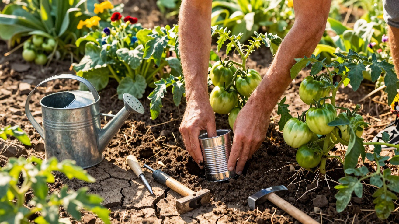 Mãos a plantar em terra de horta com regador, ferramentas e pés de tomate verdes ao redor.