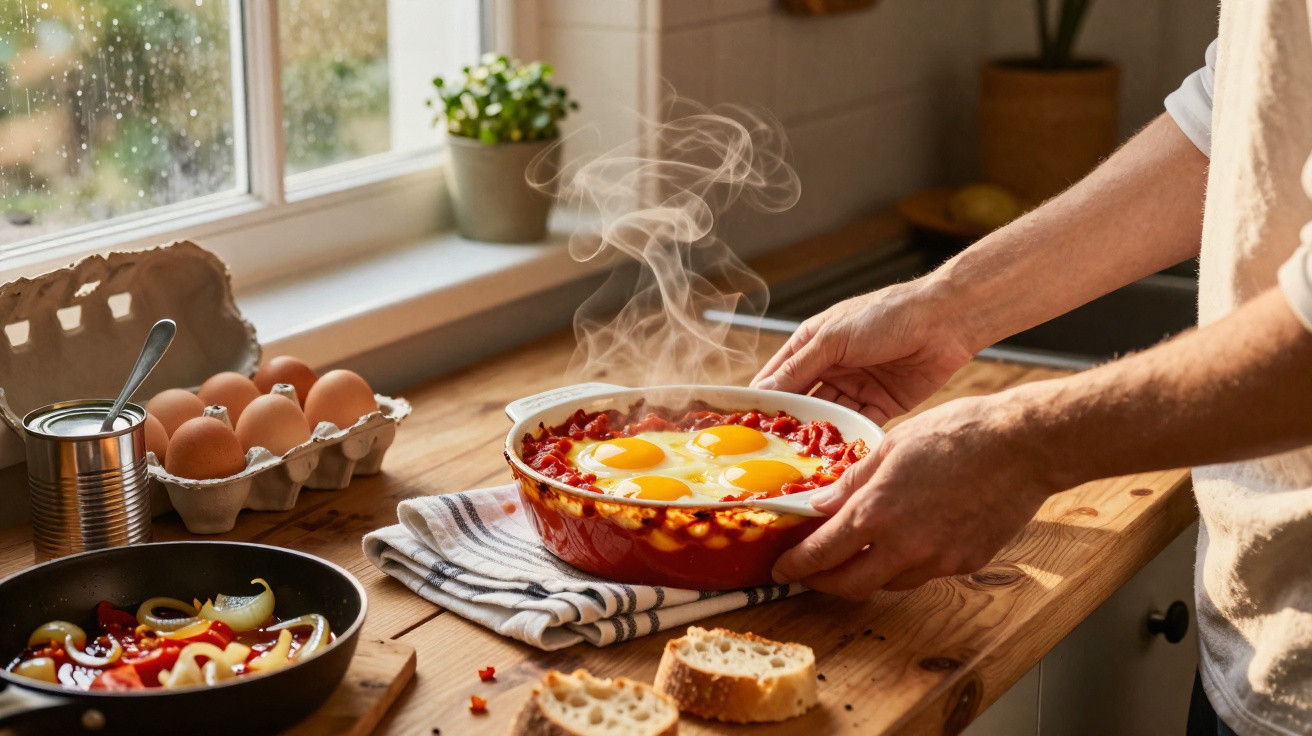 Pessoa a tirar do forno um prato fumegante com ovos e legumes numa cozinha acolhedora.
