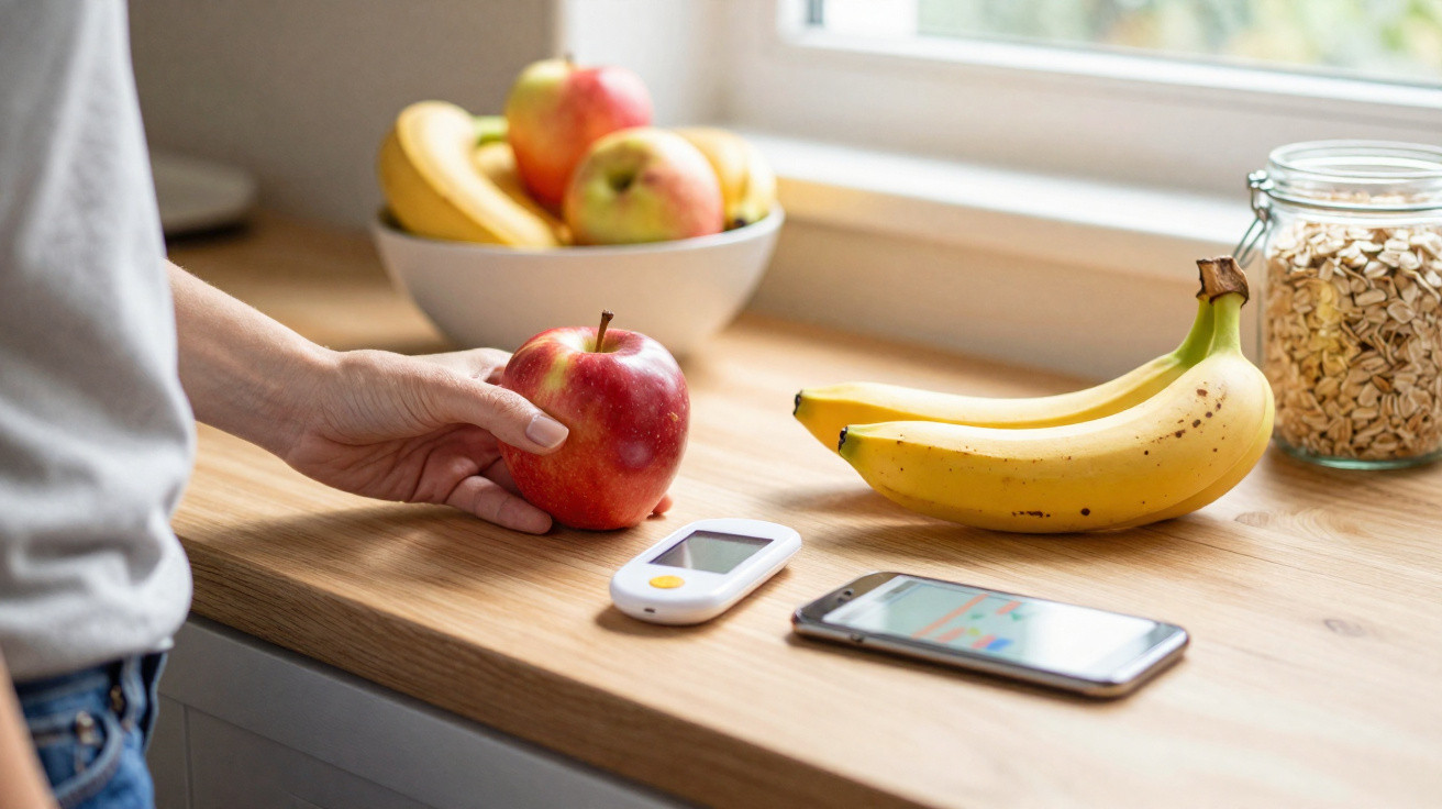 Pessoa a segurar uma maçã junto a bananas, um medidor de glicose e um telemóvel numa bancada de cozinha.