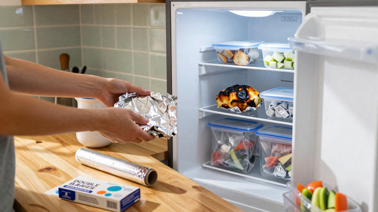 Pessoa a guardar comida numa arca frigorífica com papel de alumínio e recipientes de plástico.