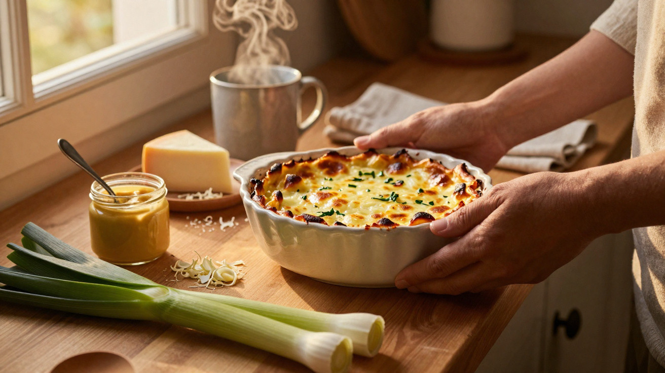 Prato fumegante de quiche acabado de sair do forno, com alho-francês, queijo e molho sobre bancada de madeira.