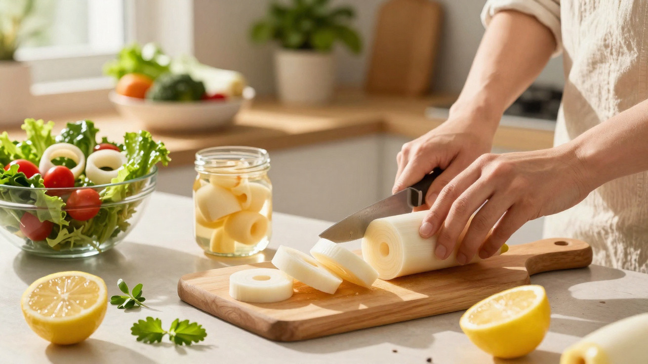 Pessoa a cortar palmito numa tábua de madeira, com salada e limão na bancada da cozinha.