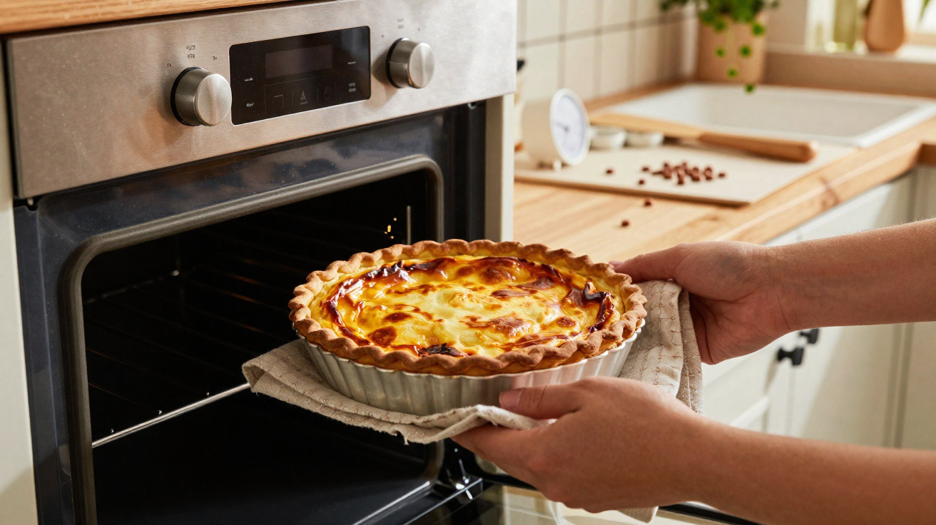 Pessoa a retirar uma tarte caseira dourada do forno numa cozinha com banca de madeira.