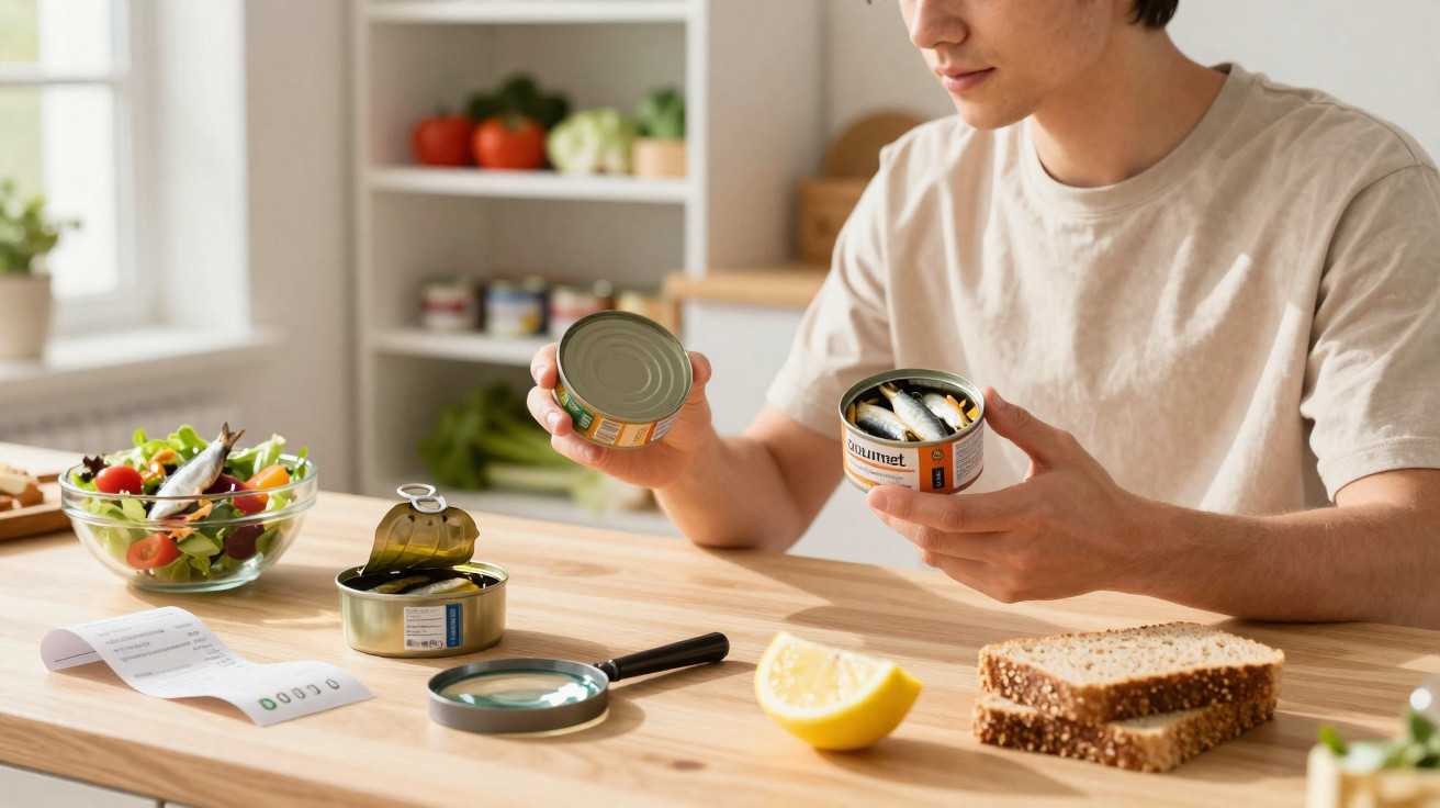 Pessoa a abrir latas de peixe numa cozinha com pão, limão e salada sobre a mesa de madeira.