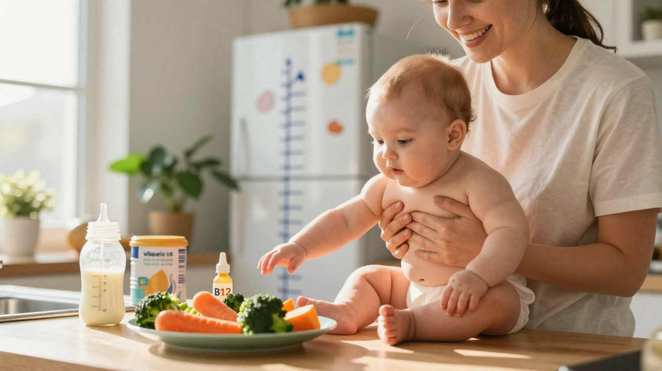 Mulher segurando bebé sentado à mesa com legumes e suplementos na cozinha iluminada.