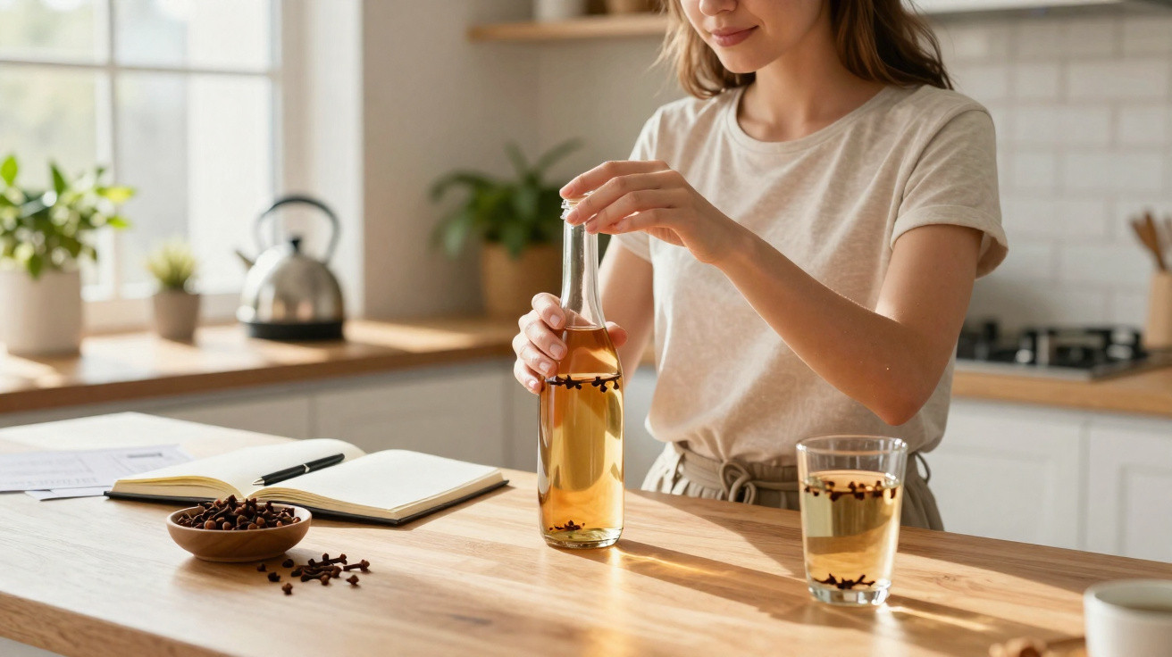 Mulher a preparar bebida com cravinho numa cozinha luminosa, com caderno e tigela na bancada.