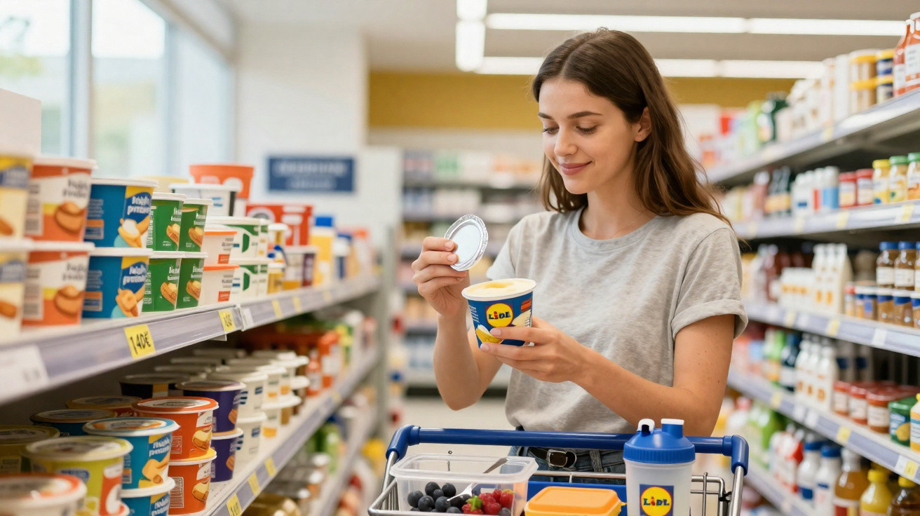 Mulher a segurar e olhar para iogurte Lidl num supermercado com carrinho cheio de compras.