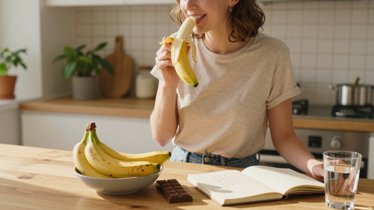 Pessoa a comer banana na cozinha, com barra de chocolate, copo de água e livro sobre a mesa.