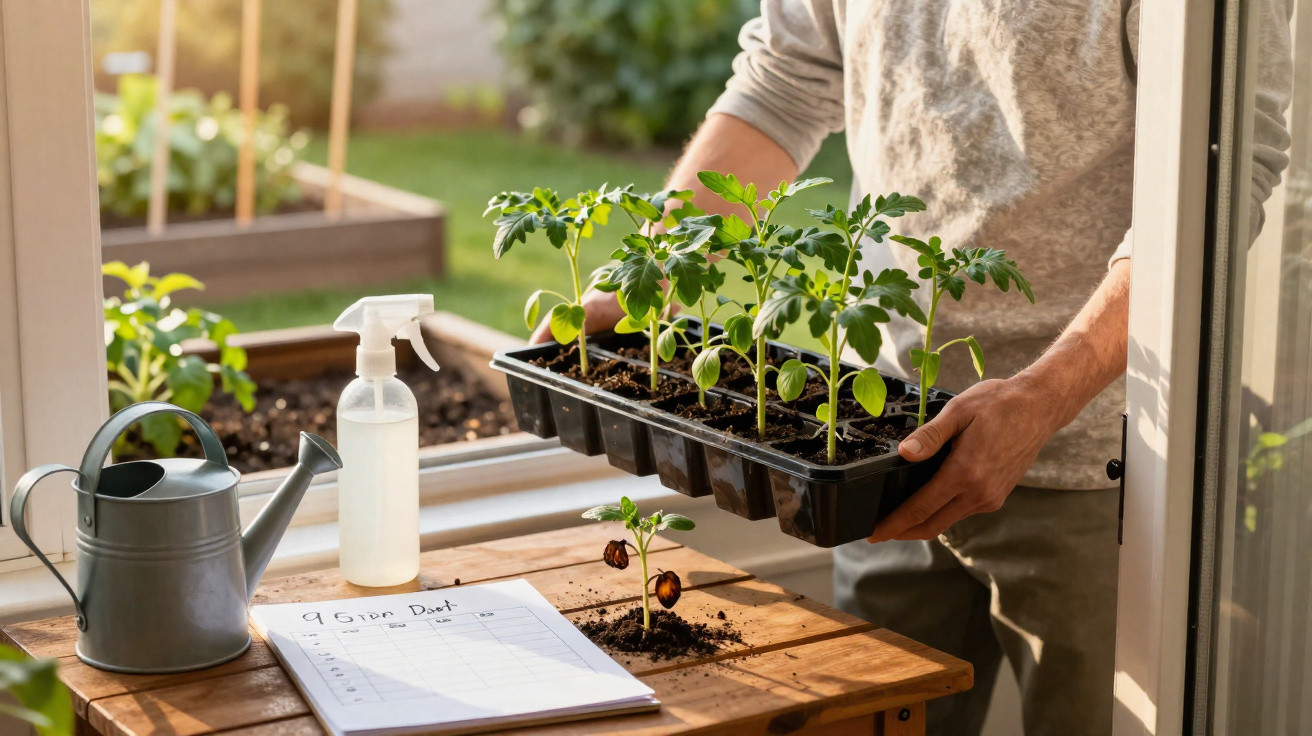 Pessoa a segurar bandeja de plantas jovens junto a regador, pulverizador e lista de cuidados numa mesa de madeira.