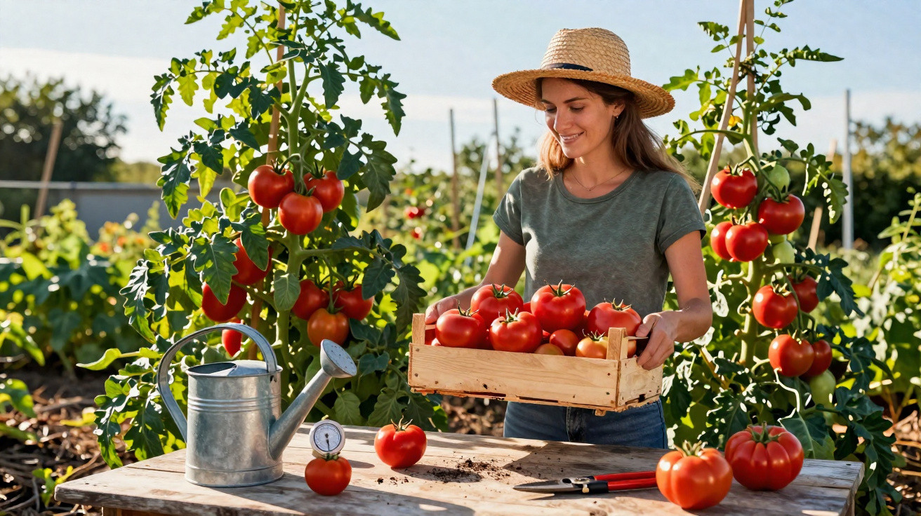 Mulher com chapéu a colher tomates vermelhos maduros numa caixa de madeira numa horta ao ar livre.