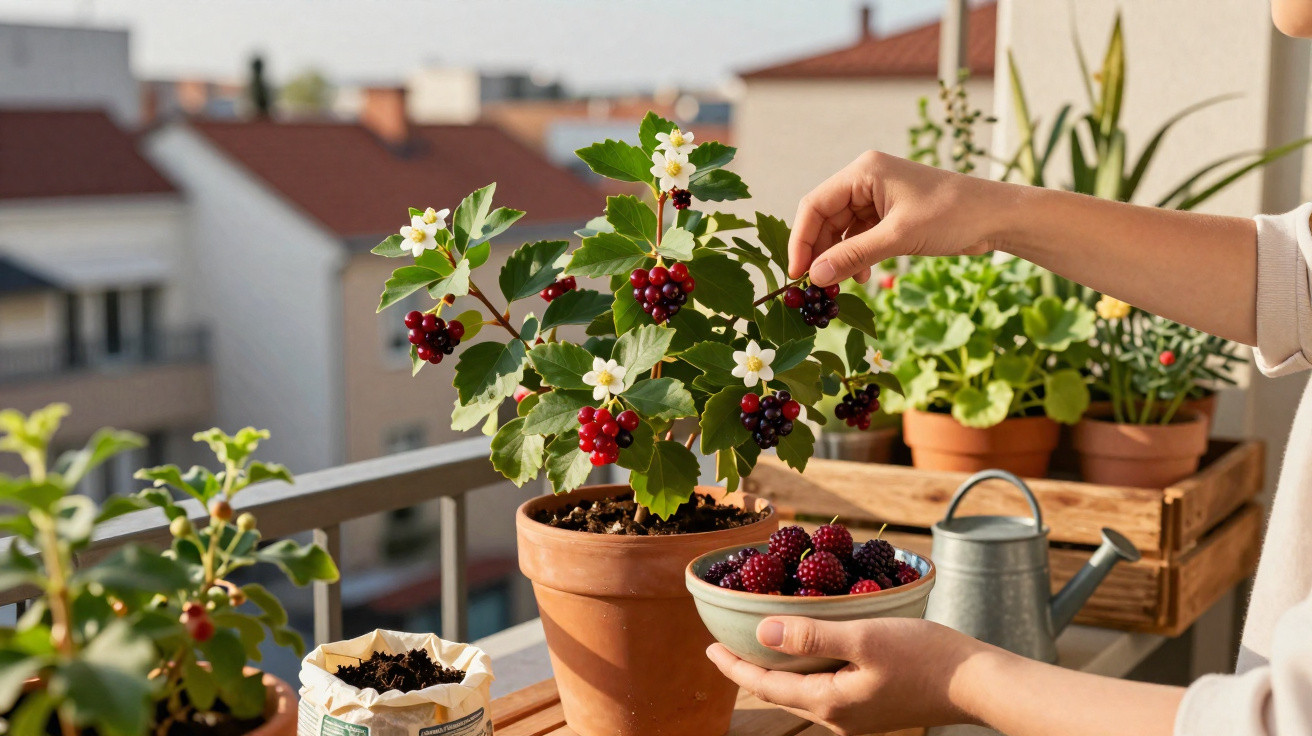 Pessoa a colher amoras de vaso numa varanda com plantas e terraços ao fundo.