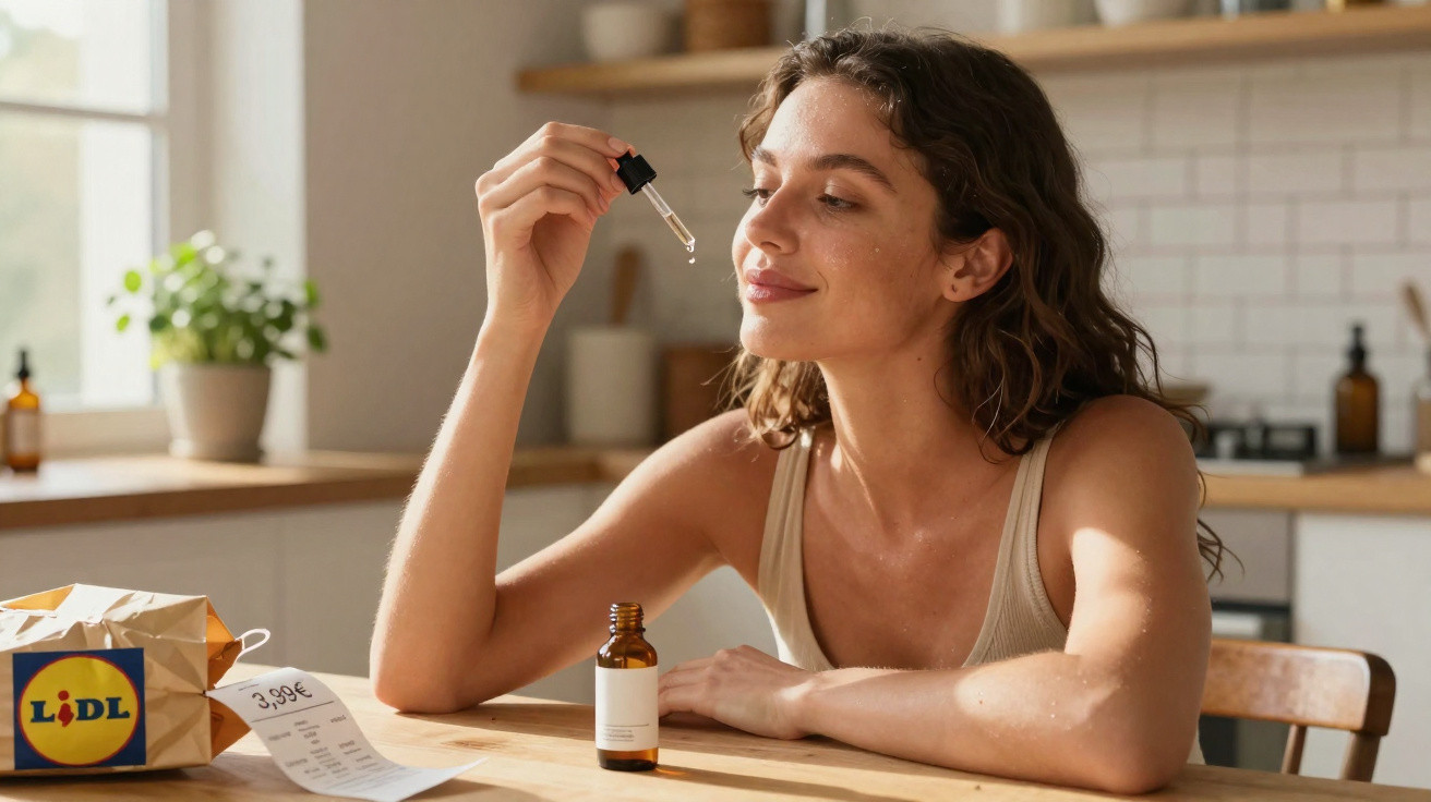 Mulher sentada à mesa com frasco e conta-gotas, aplicando sérum facial numa cozinha iluminada.
