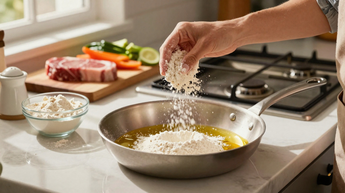 Mão a polvilhar farinha numa frigideira com óleo, perto de legumes e carne numa cozinha iluminada.
