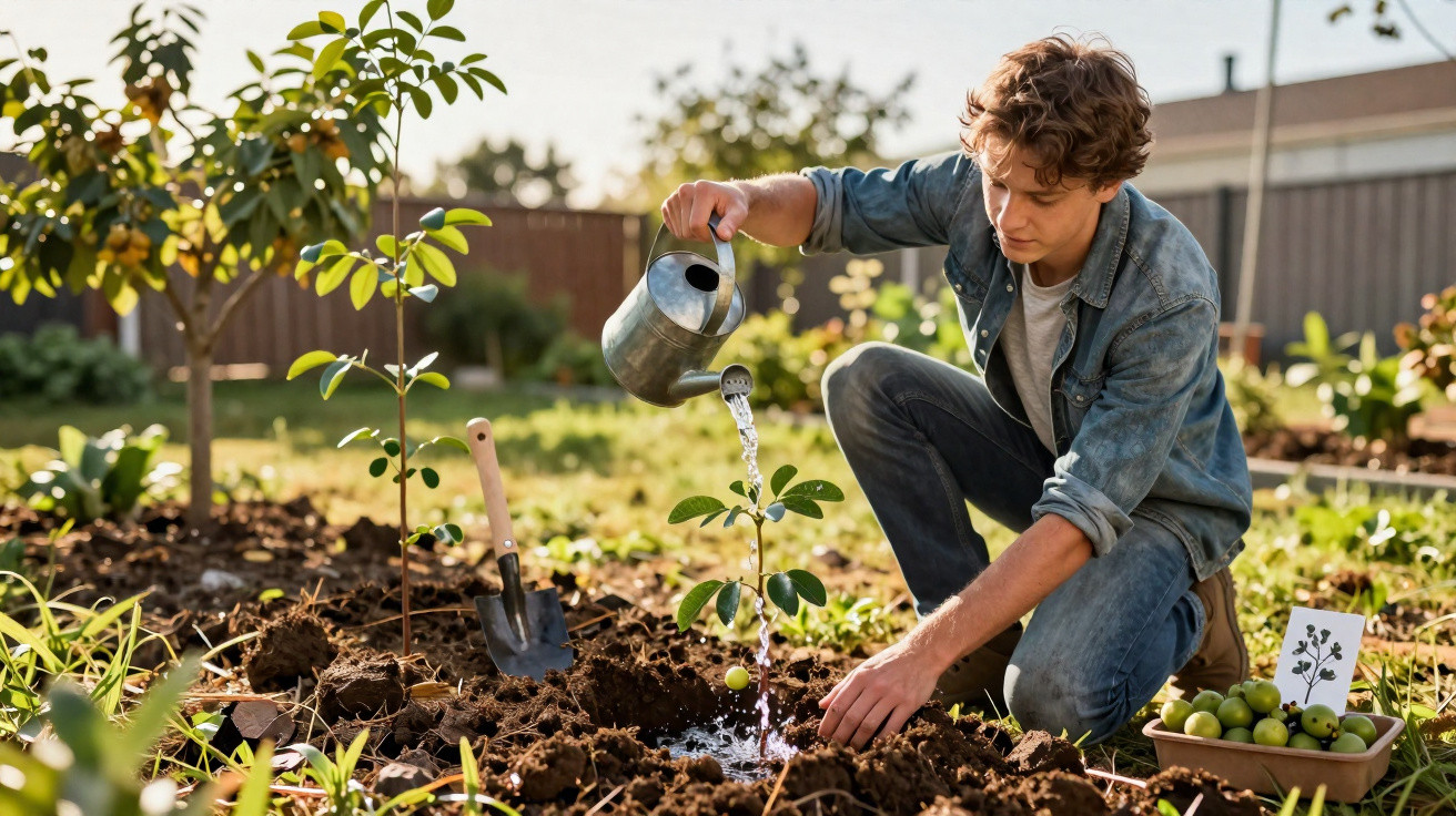 Homem jovem a regar uma planta jovem num jardim com regador metálico durante o dia.