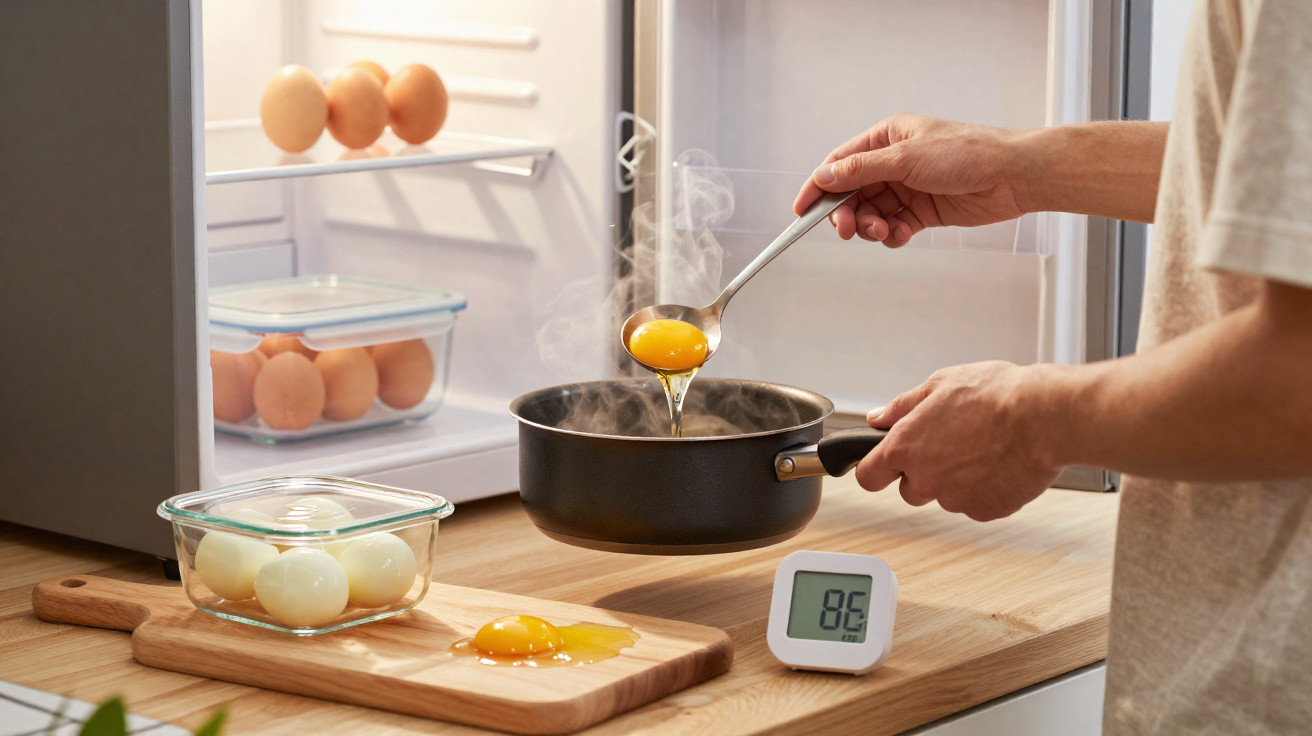 Pessoa a preparar ovo escalfado em panela com ovos crus e cozidos na bancada e frigorífico aberto ao fundo.