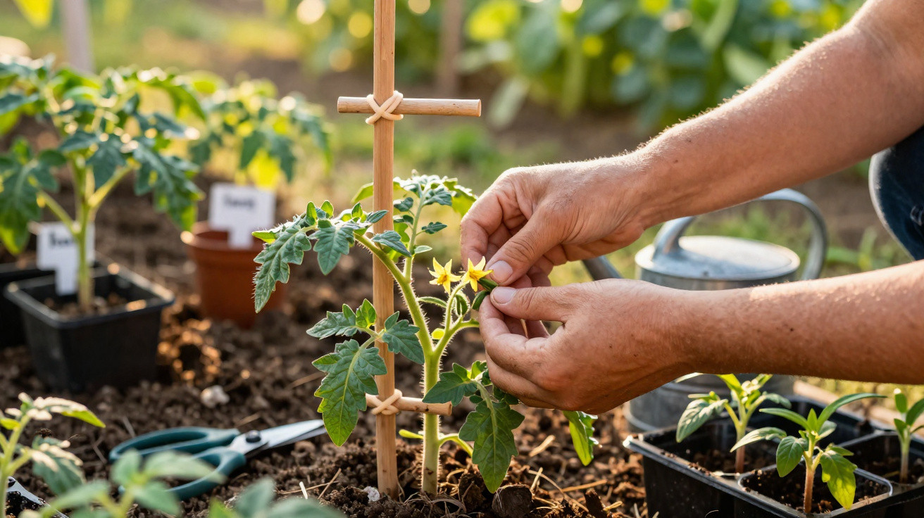 Mãos a cuidar de uma planta de tomateira jovem com flores amarelas num jardim ensolarado.