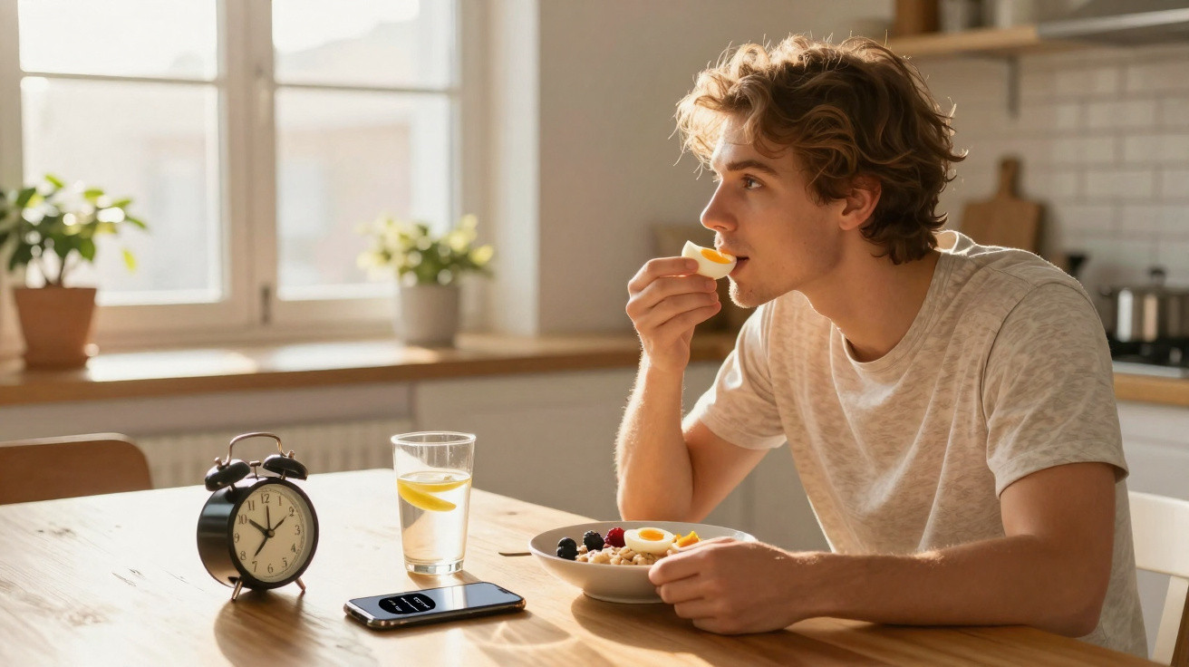 Jovem a comer ovo cozido ao pequeno-almoço numa cozinha com relógio e telemóvel na mesa.