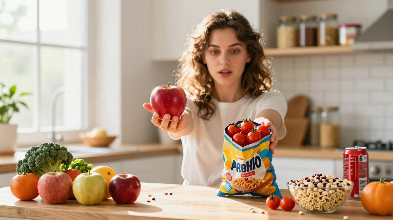 Mulher a oferecer maçã vermelha e saco de snacks com tomates cherrys numa cozinha iluminada.