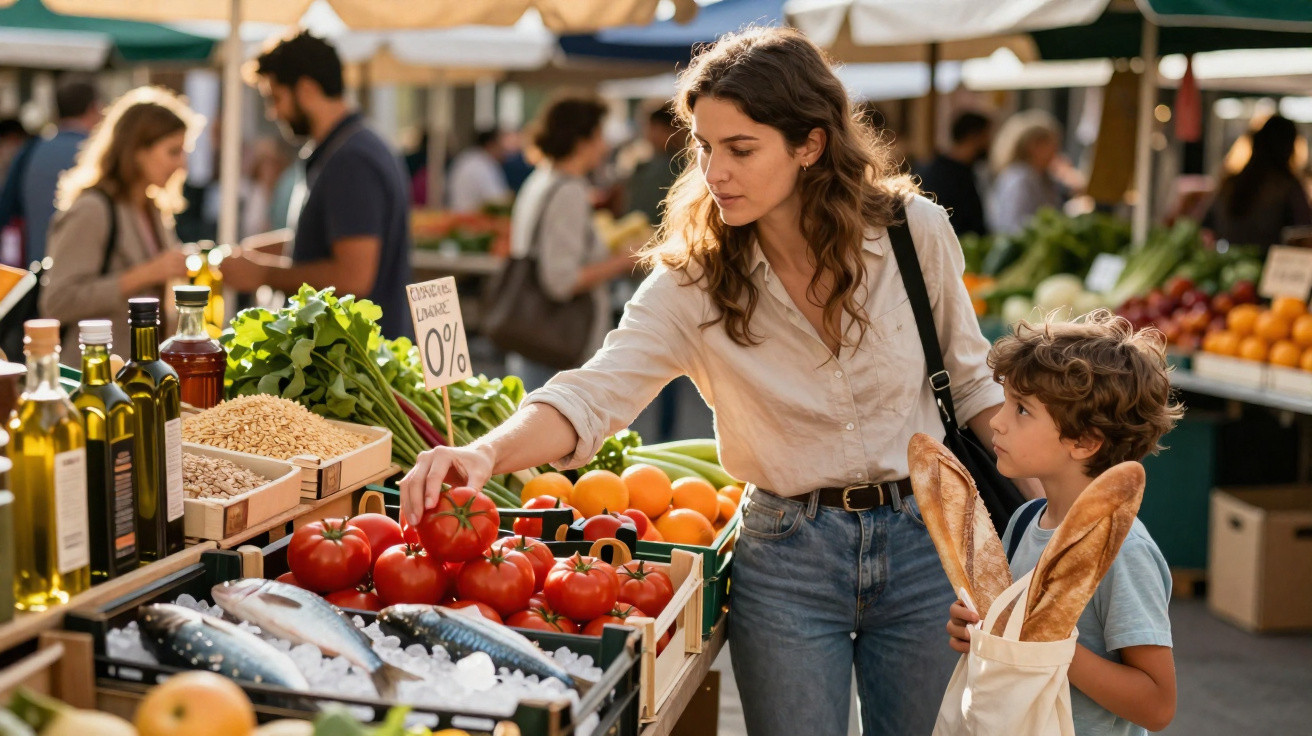 Mulher com criança compra tomates num mercado ao ar livre com bancas de frutas, legumes e azeites.