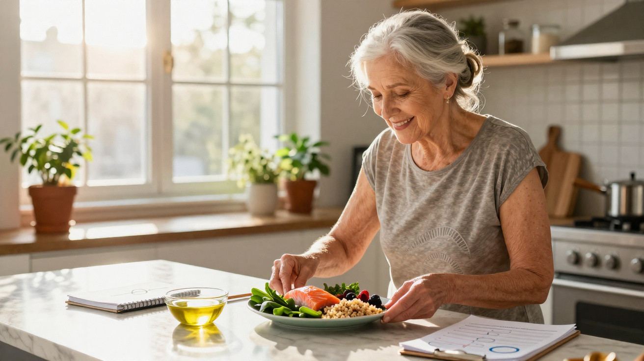 Mulher idosa sorridente prepara prato saudável com salmão e legumes numa cozinha iluminada.