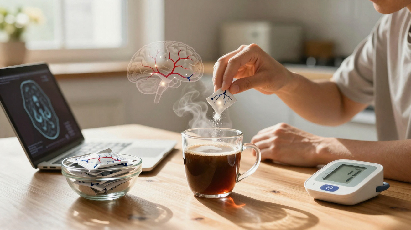 Pessoa a adicionar suplemento em pó numa chávena de café, com portátil e medidor de tensão na mesa.