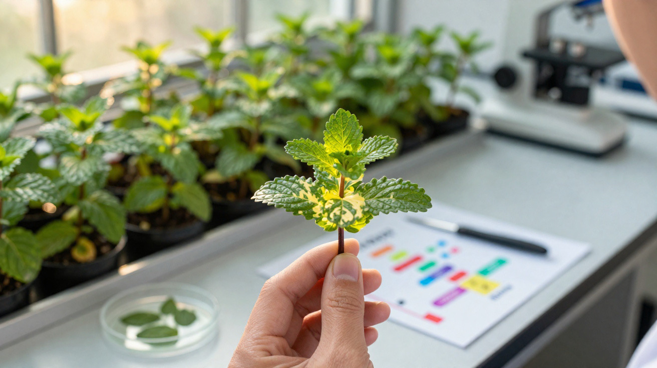 Pessoa a segurar uma folha de planta verde num laboratório com plantas em vasos e material de pesquisa ao fundo.