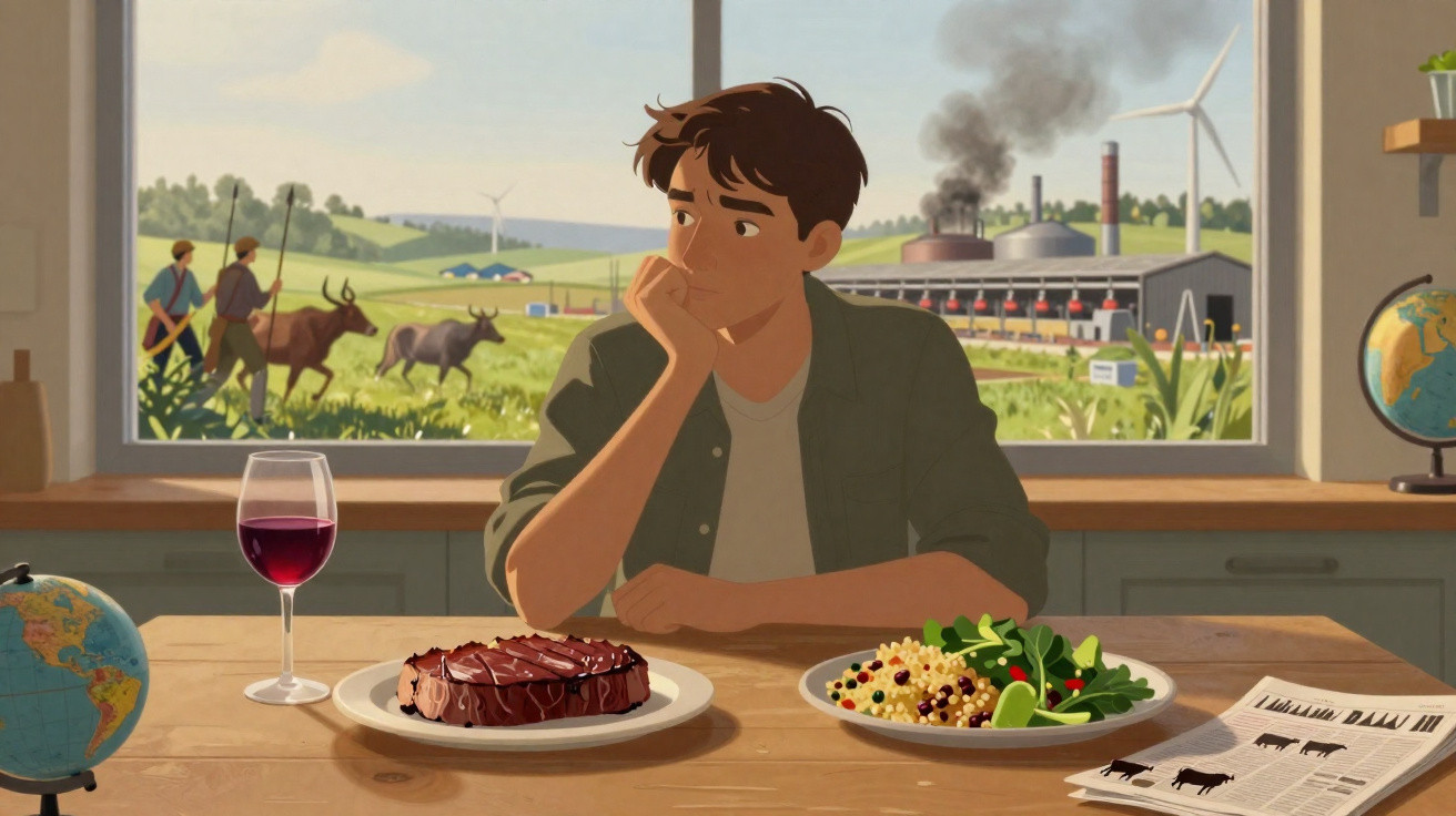 Jovem sentado à mesa contempla reflorestação com vacas e poluição industrial ao fundo.