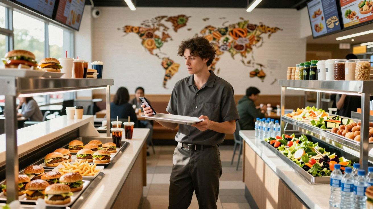 Jovem em restaurante rápido escolhe comida entre hambúrgueres, saladas e bebidas tendo um mapa mundi decorativo ao fundo.