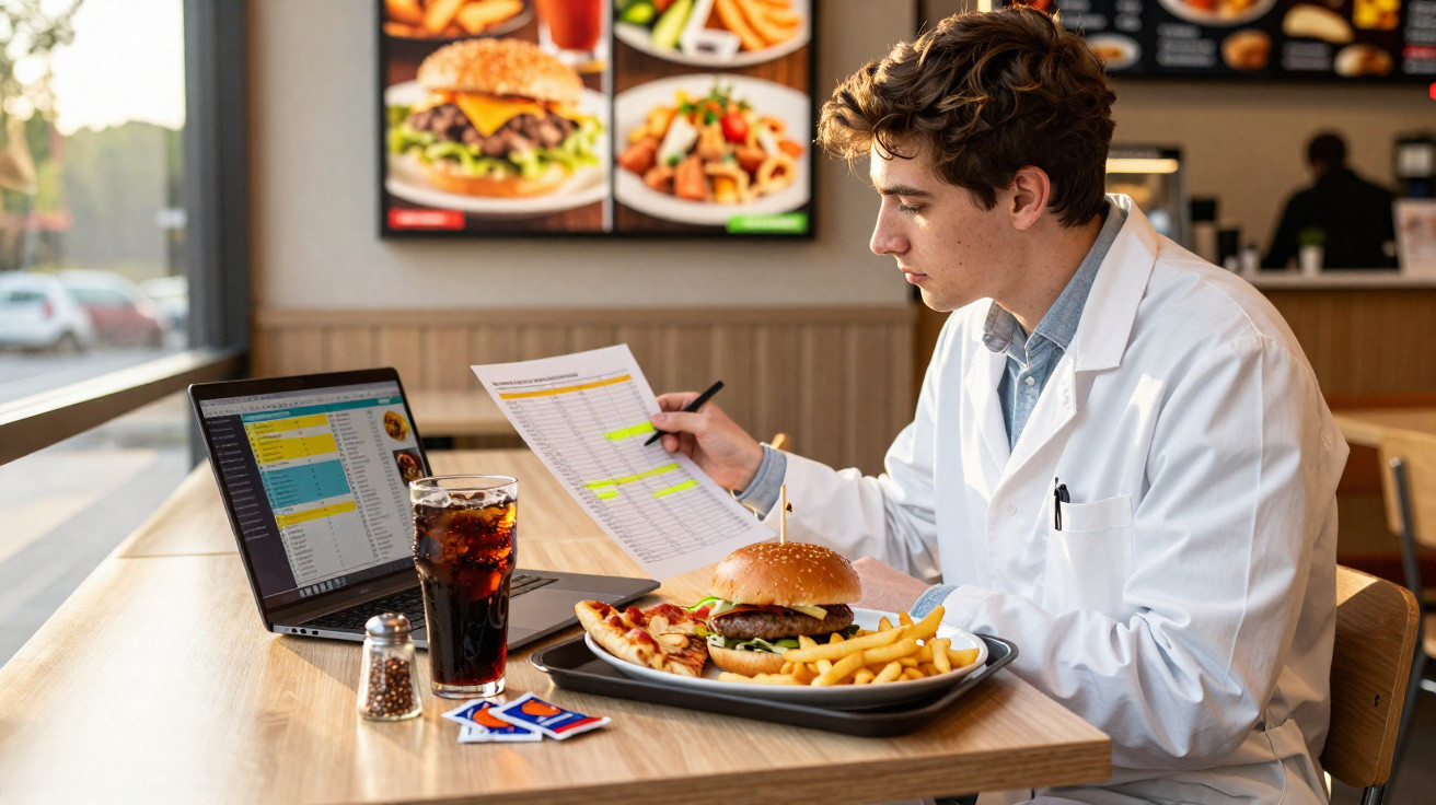 Homem com bata branca a analisar documentos e a trabalhar no portátil num restaurante de fast food, com comida na mesa.