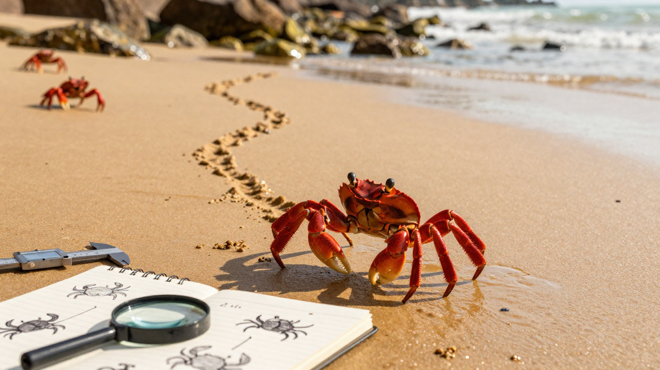 Caranguejo vermelho na areia da praia, com rastos e material de estudo ao lado, perto do mar.