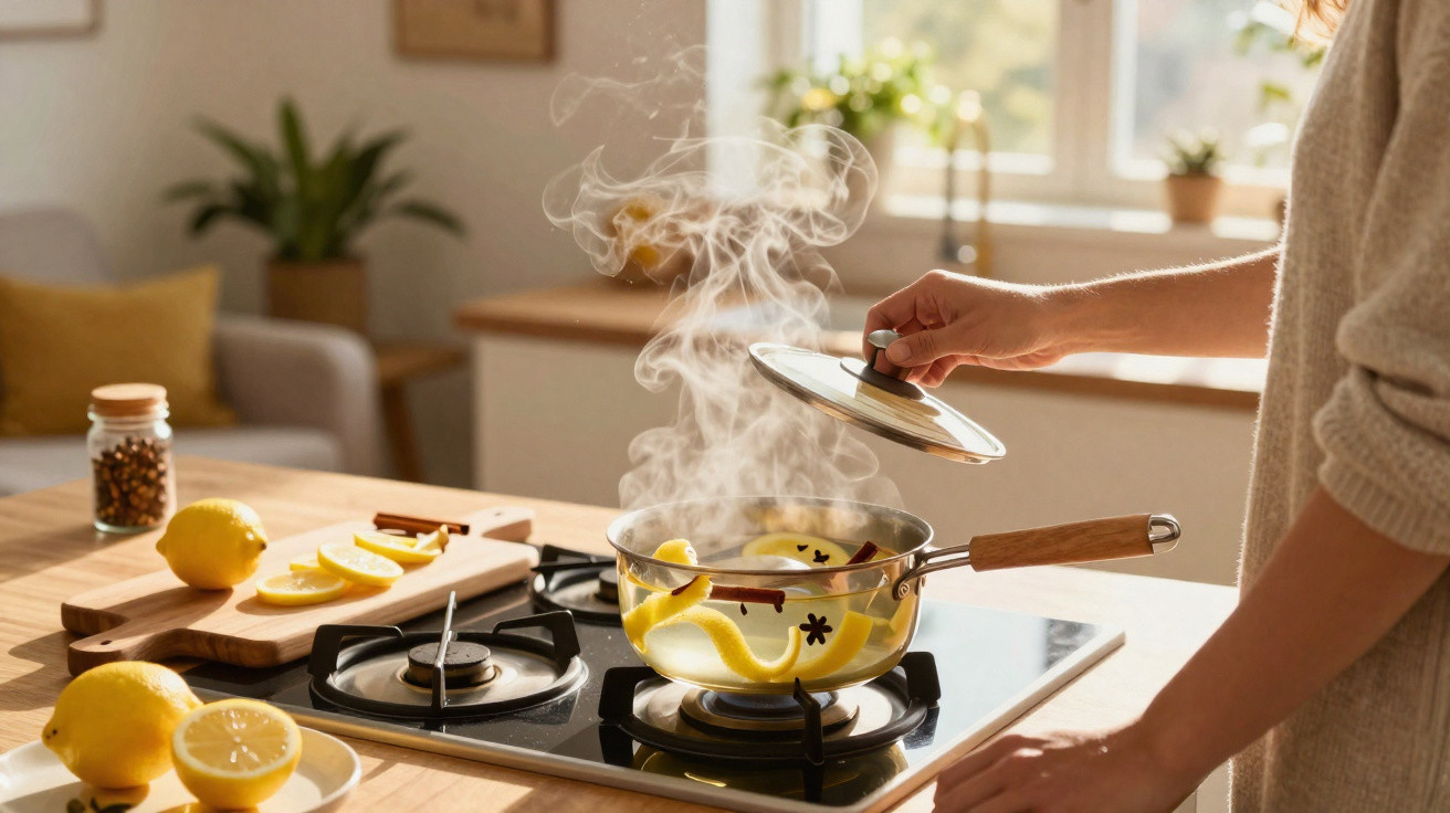 Pessoa a levantar tampa de panela com infusão de limão e especiarias a cozinhar no fogão.