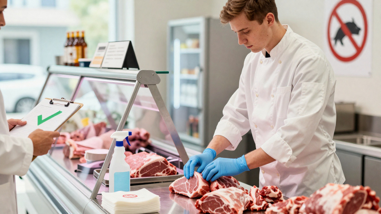 Talhante a cortar peças de carne numa loja, com outro funcionário a fazer a inspeção.