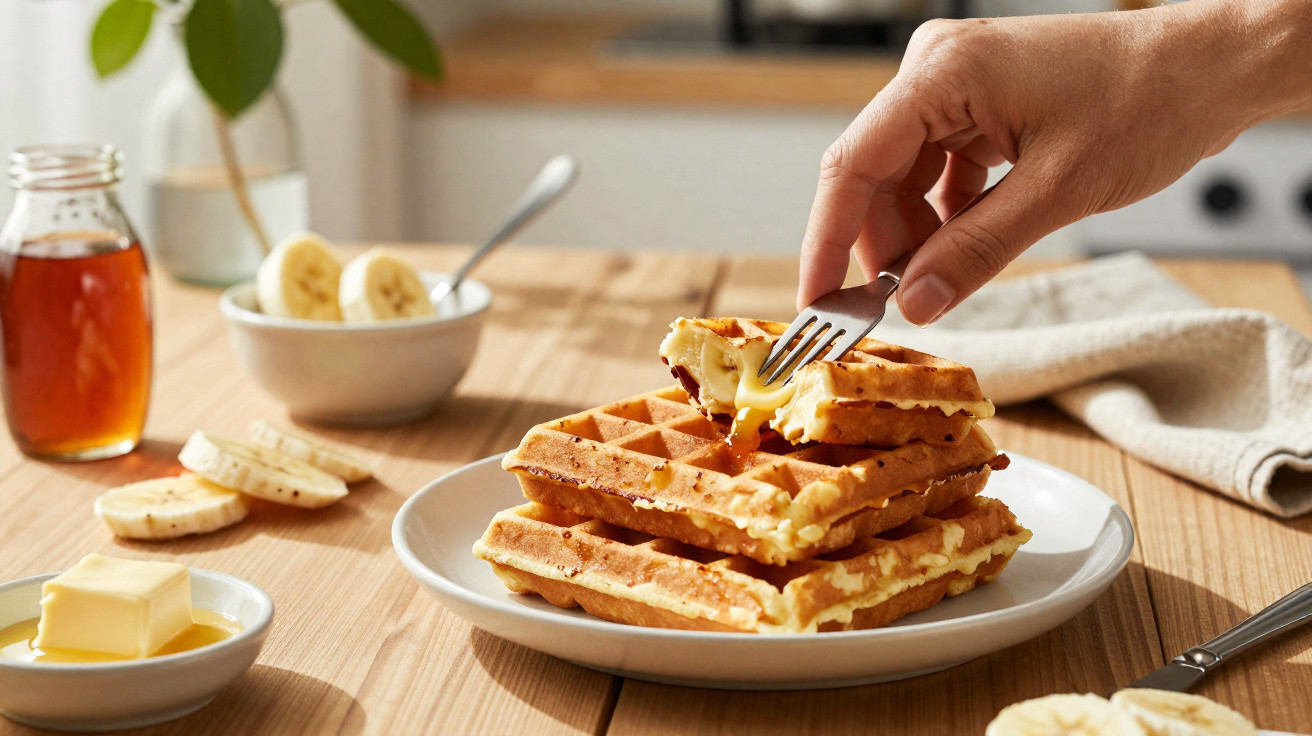 Mão a cortar waffle com garfo, com manteiga, mel, banana fatiada e toalha na mesa de madeira.