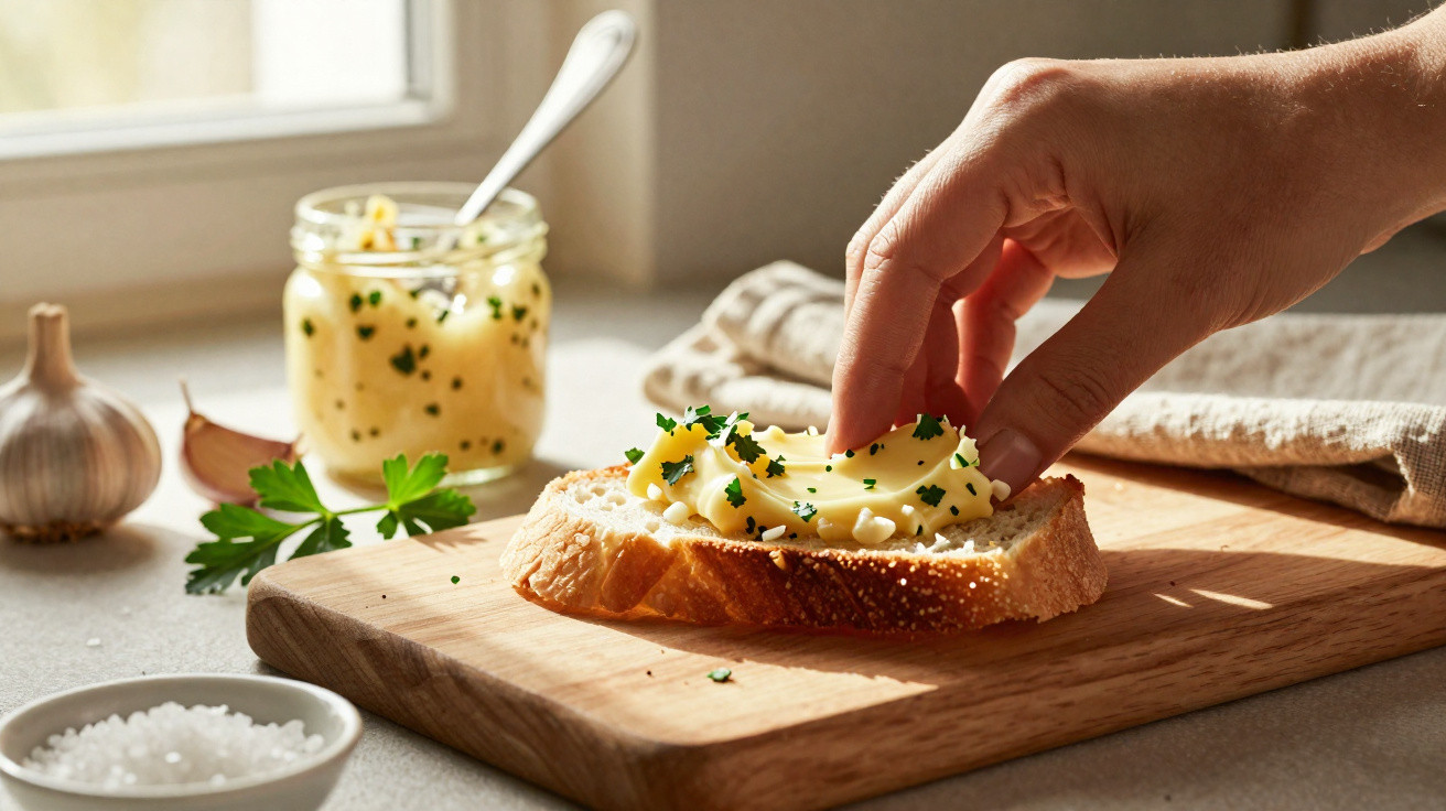 Mão a pegar fatia de pão com manteiga e ervas numa tábua de madeira numa cozinha bem iluminada.