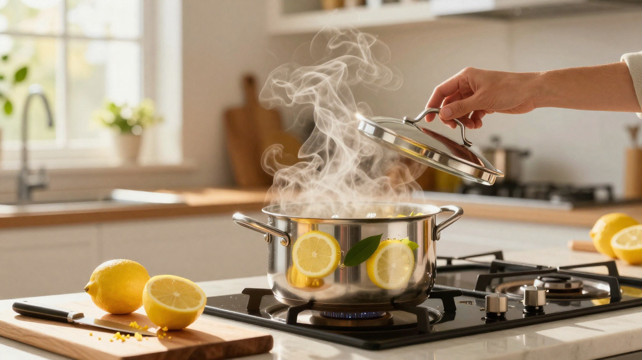 Mão a levantar tampa de panela a ferver no fogão, com limões cortados e vapor a sair da panela.