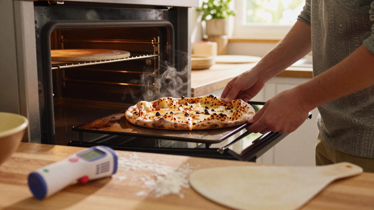 Pessoa a tirar pizza quente e fumegante do forno numa cozinha iluminada e acolhedora.