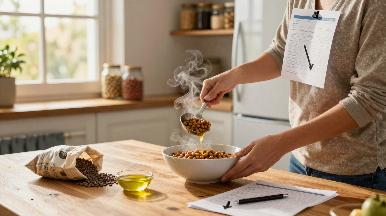 Pessoa a temperar grão de bico numa tigela branca com azeite numa cozinha luminosa e moderna.