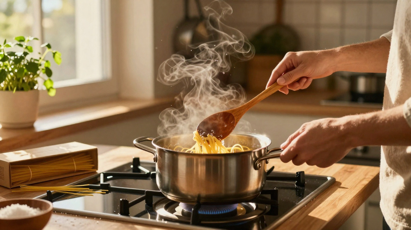 Pessoa a cozinhar esparguete num tachinho em fogão a gás numa cozinha iluminada.
