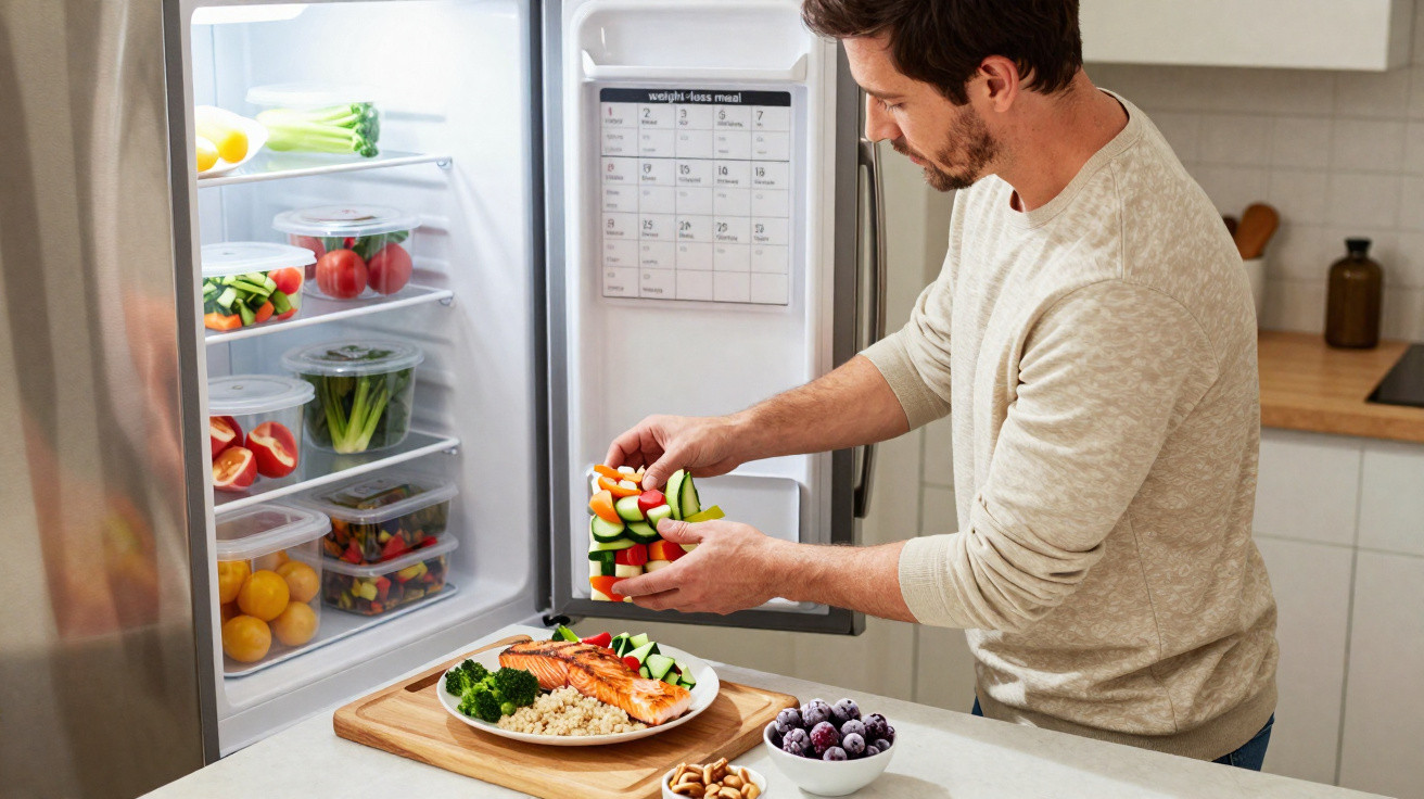 Homem a preparar refeição saudável com legumes e salmão na cozinha, ao lado de frigorífico aberto.