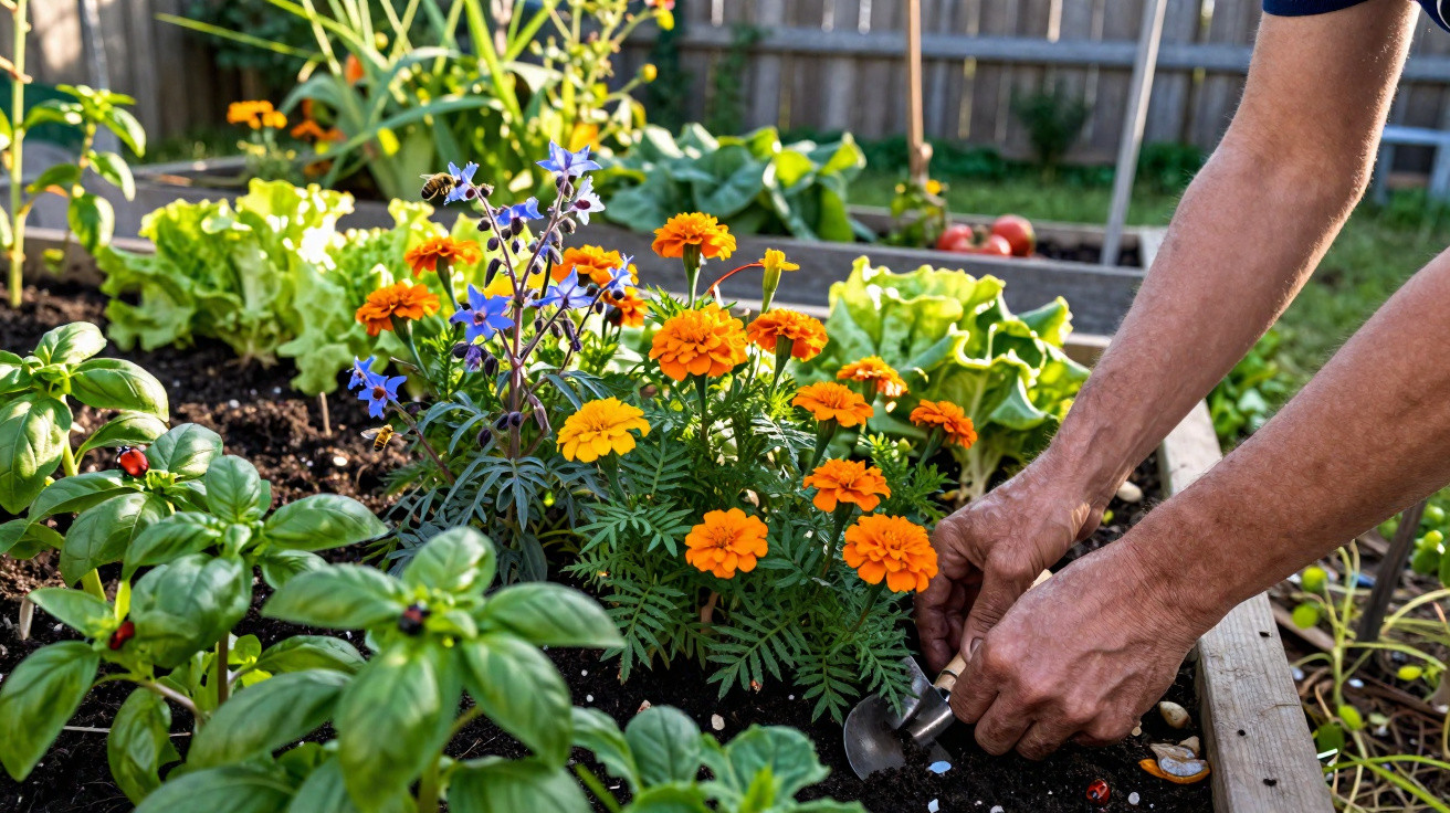 Mãos a cuidar de flores laranja e roxas num canteiro de jardim com plantas verdes ao redor.