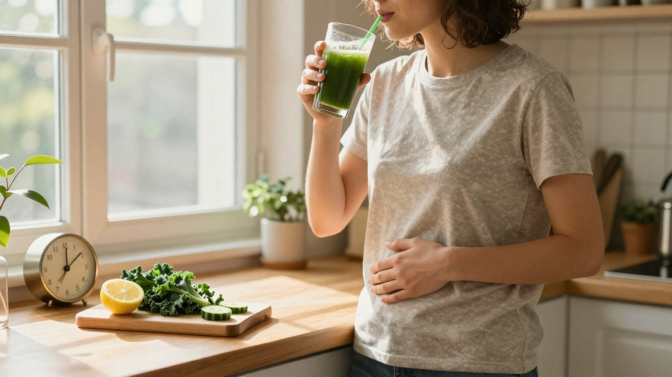 Mulher grávida bebe sumo verde na cozinha, com legumes frescos e relógio na bancada iluminada.