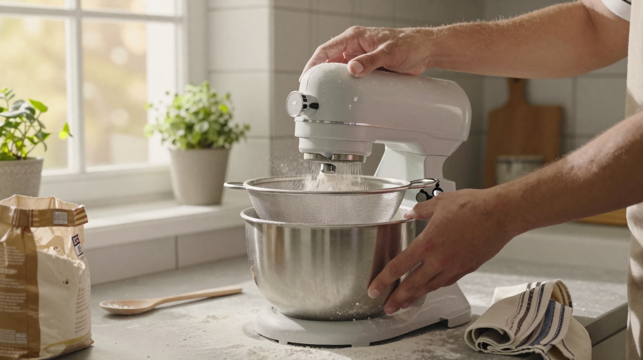 Pessoa a usar batedeira para peneirar farinha numa cozinha com janela e plantas ao fundo.