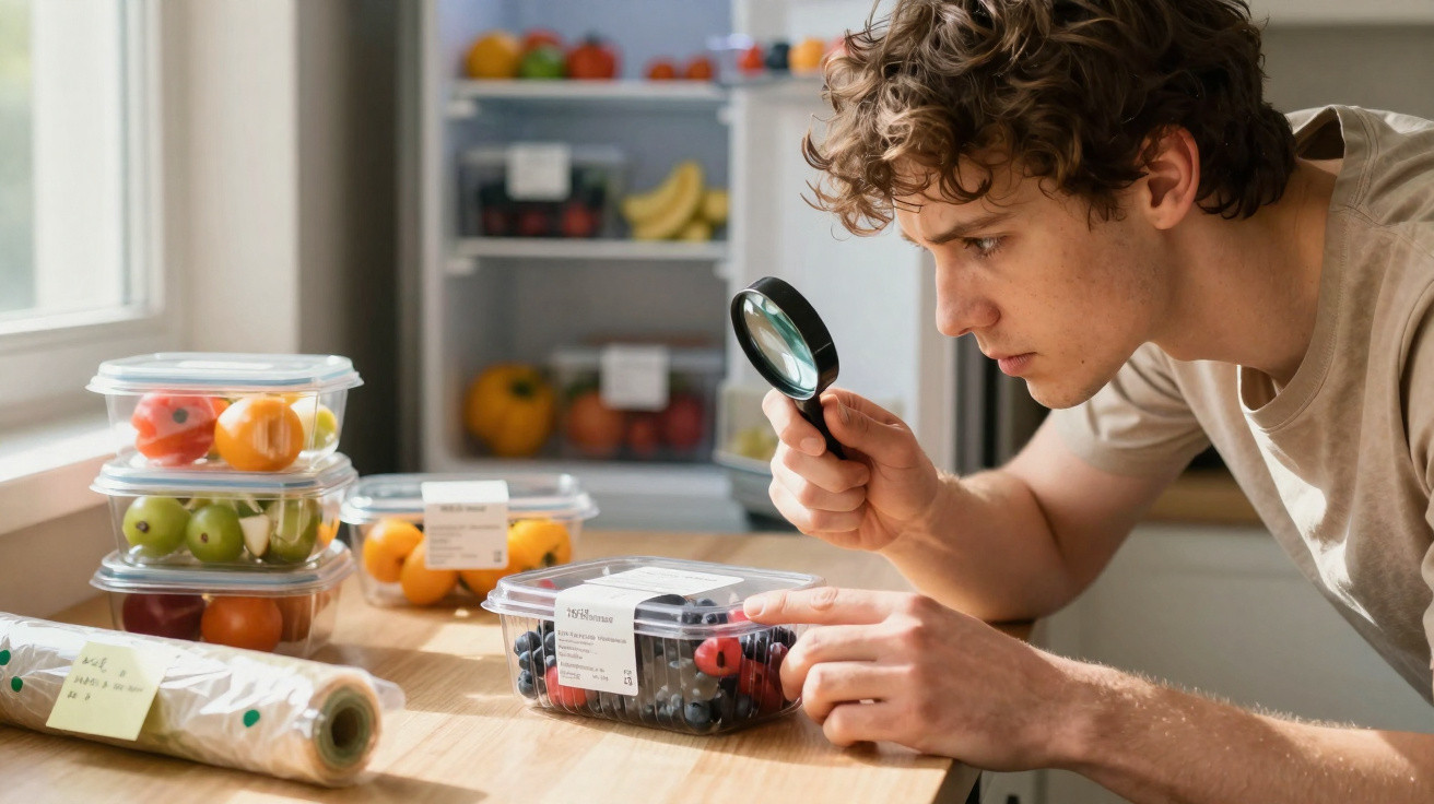 Jovem examina frutos embalados com lupa, atento a etiquetas, numa cozinha com frigorífico ao fundo.